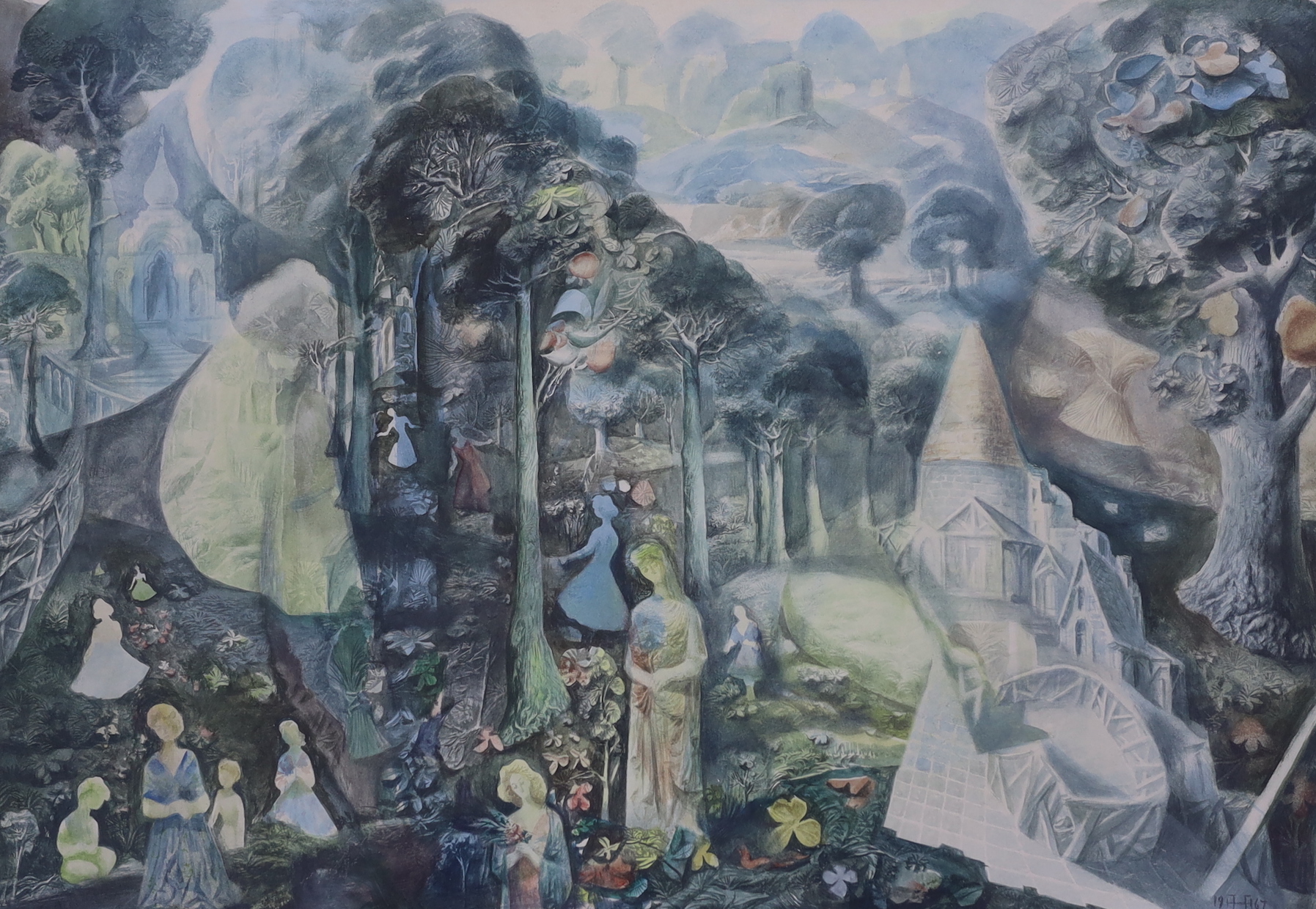 Harold Hitchcock (1914-2009), surreal watercolour, Figures, trees and monuments, dated 1967, applied plaque to the mount, 50 x 74cm